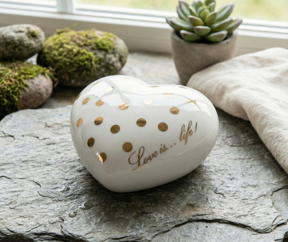 wit hart - porselein met goudkleurige stippen - mini urn - hartvorm urn - urn hart - rememberme webshop